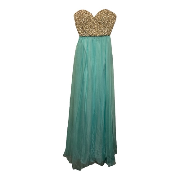 La Femme Elegant Strapless Mint Green Pearl and Gold Jeweled Top Prom Dress 8 - Picture 2 of 5